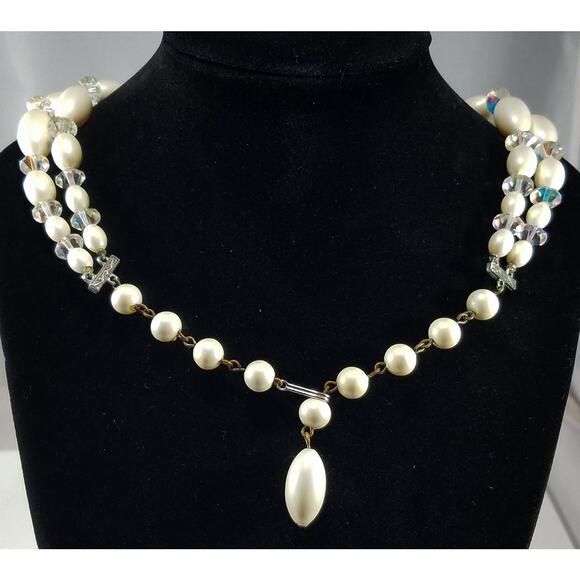 Vintage Austrian Crystal Necklace Double Strand Lucite Beads 1950s Wedding - Picture 5 of 10